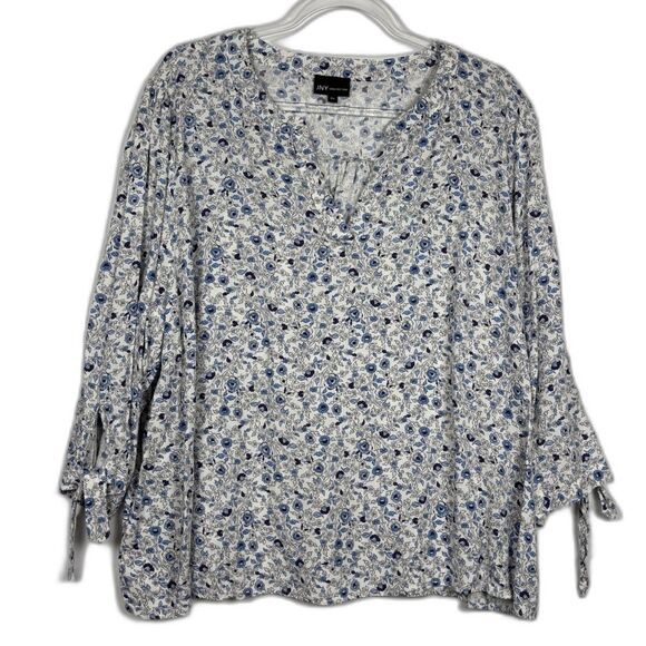 Jones New York Tops - Jones New York JNY Floral V Neck Blouse 2X Blue White Tie Sleeve Boho Coastal